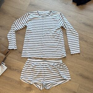 LAKE Pima Crew Long-Short Set Striped Green Pajamas